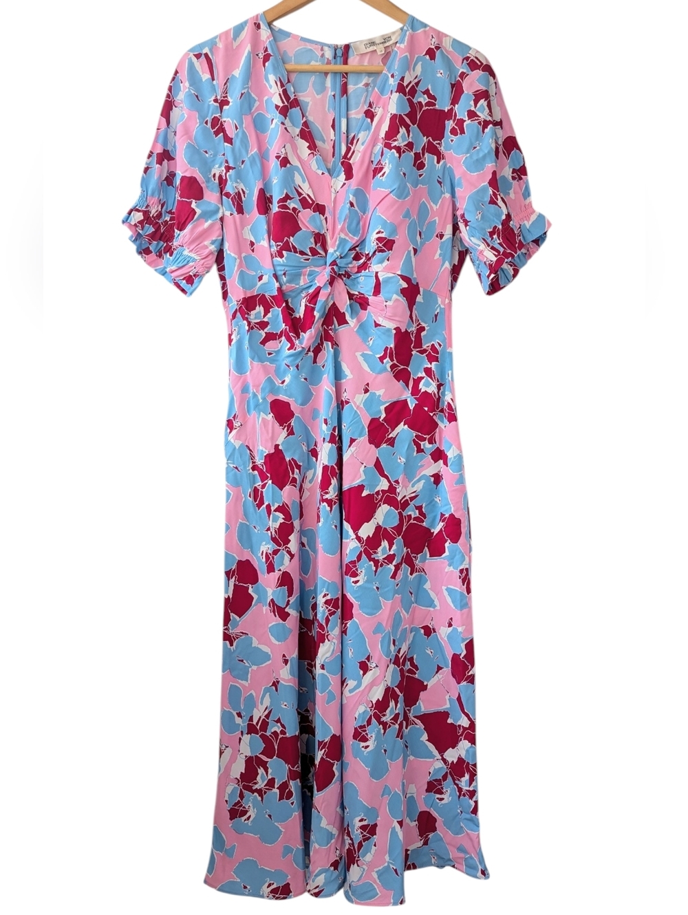 Diane Von Furstenberg Floral Twist-Front Pink + Blue Midi Dress